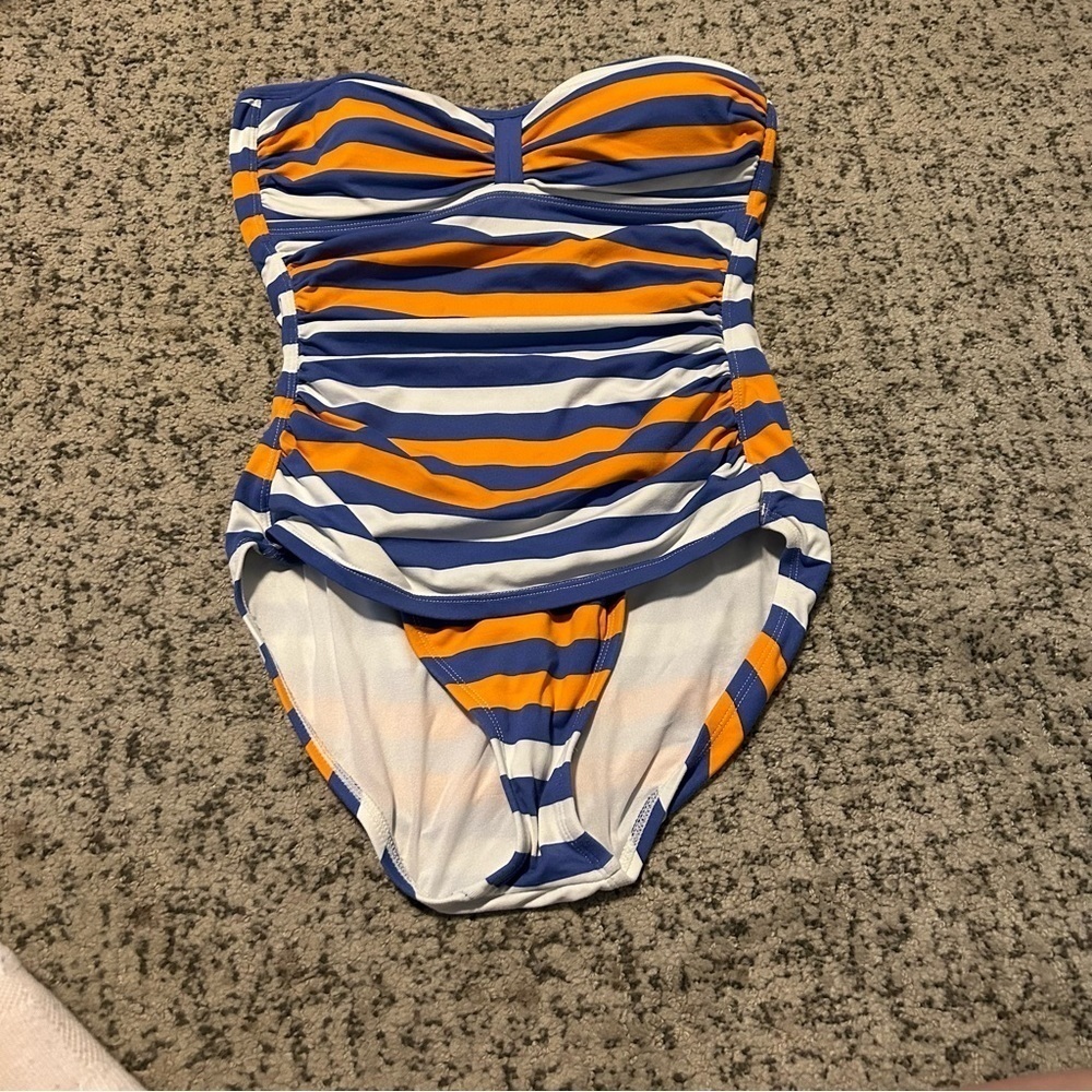 Tommy Bahama White, Blue, & Orange Striped Strapless One Piece Swimsuit Size 4